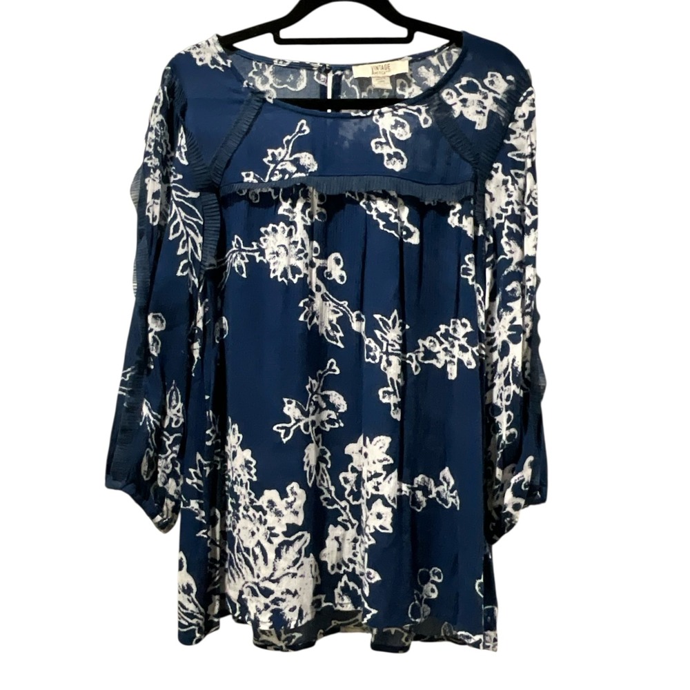 Vintage America Blues Floral Print Tunic Top Blue White Long Sleeve Womens M‎